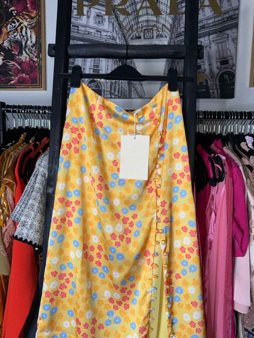 Sabo Yumee Azalea Tropical Yellow Floral Skirt Set Halter Top Midi Skirt New NWT